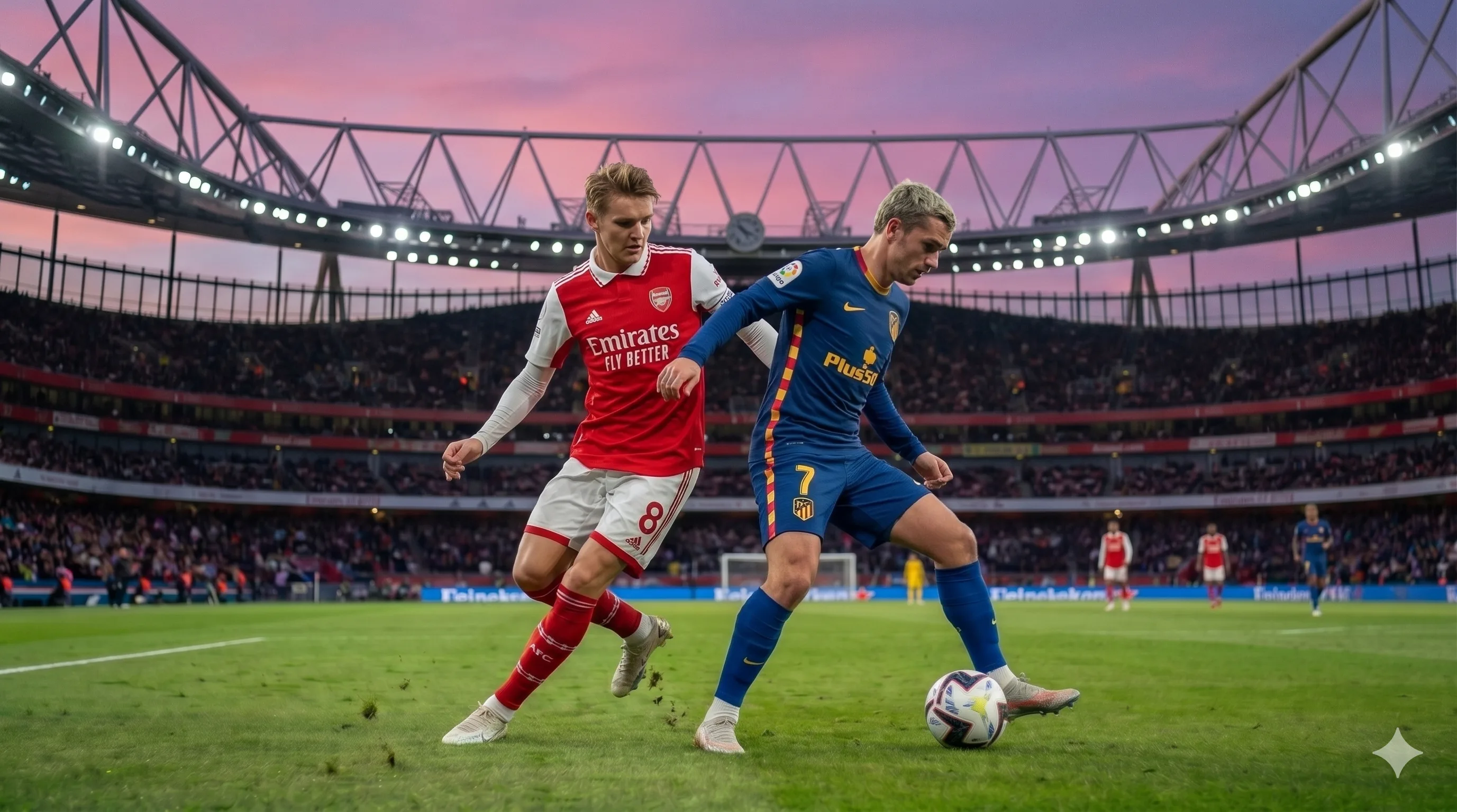 Fotografia de ação em campo mostrando dois jogadores lutando pela posse de bola durante um jogo de futebol no Emirates Stadium, sob um céu de pôr do sol rosa e roxo. A arquibancada está cheia de torcedores.